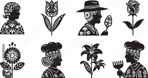 Black and white of women with floral patterns and flowers