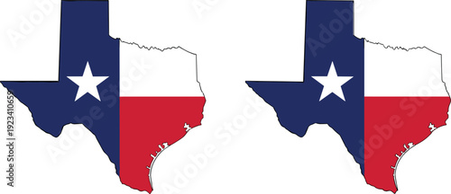 Texas state map with flag colors and star symbol silhouette isolated vector illustration set