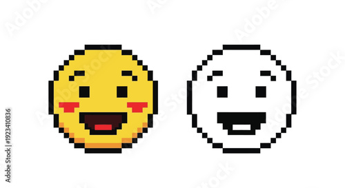 Two pixel art happy emojis, one in full color with yellow face and red cheeks, and the other as a black and white outline.
