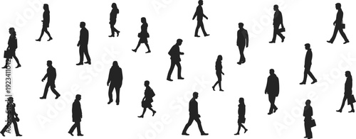 Diverse Silhouettes of People Walking in Different Directions Keywords: silhouette, people, walking, figures, men, women