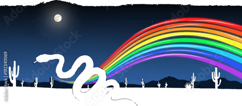 Snake under rainbow in desert landscape at night with moonlight cacti and mountains