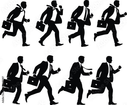 Businessman running with briefcase, urgency, motion, career rush, office stress, deadline pressure, fast-paced work, silhouette action, professional speed, hustle