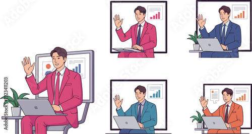 Businessman working remotely on laptop, virtual online meeting conference, office employee video call, corporate communication teamwork concept vector illustration design