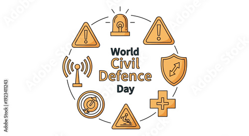 Vector illustration of World Civil Defence Day icons and symbols on a white background with orange graphics.