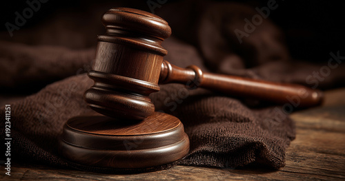 A wooden gavel and sound block resting on a textured dark brown cloth background