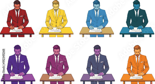 Businessman signing contract at desk in multiple colorful variations, professional office agreement concept, corporate document approval vector illustration set