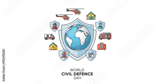 Vector illustration of a globe shield with various emergency and safety symbols for World Civil Defence Day, promoting disaster preparedness and public safety awareness.