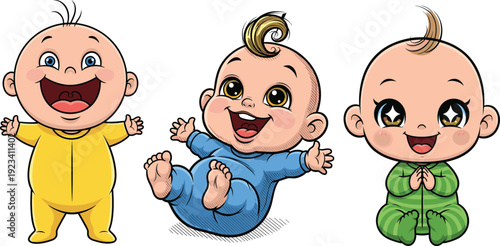 Cartoon baby characters, cute infant poses, colorful onesies, joyful expressions, playful toddlers, happy children, nursery art, adorable baby illustration