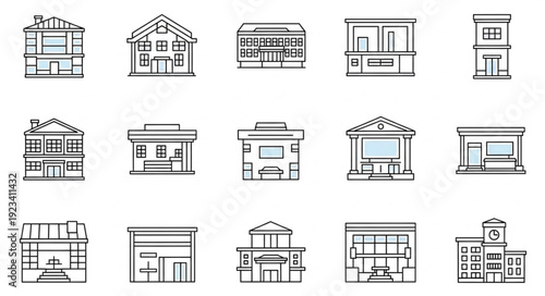 Collection of various building architectural line drawings and floor plans.