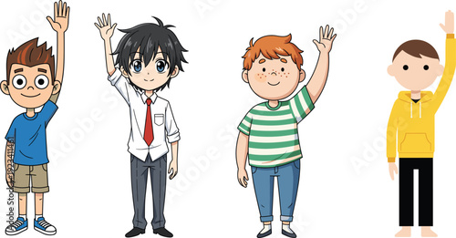 Cartoon boys raising hands in different styles, diverse kids characters standing and smiling, education concept illustration for classroom learning activity.