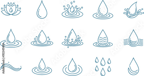 Water drop splash and ripple icons set in blue outline flat vector collection