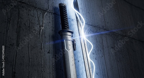 Futuristic Sword with Lightning and Water Drops Against a Wall