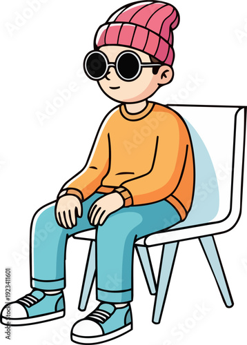 A young boy wearing sunglasses and a hat sits relaxed on a chair, illustration of a casual pose, viewed from the side.