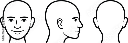 Line art drawings of a human head from front, side, and back views on a white background vector illustration