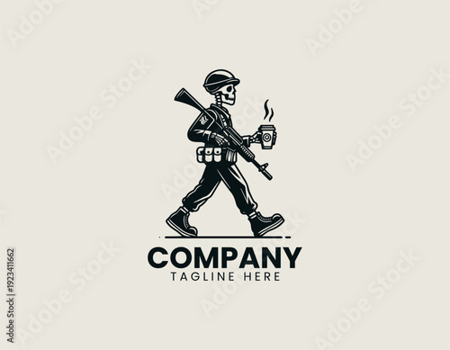 A cartoon skeleton soldier walking with a rifle and takeaway coffee cup is presented in a clean bold vector illustration