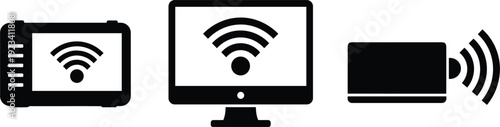 Wireless Network Connection Icons Set Smartphone Monitor And Router Signal Symbols Vector Collection