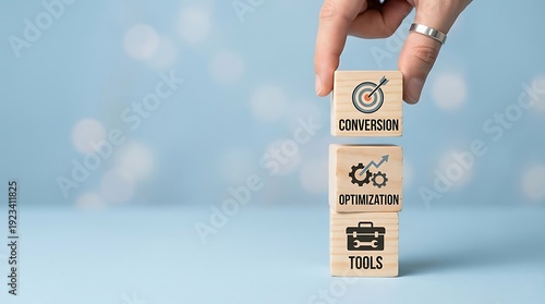 Handplacing Wooden Blocks with Conversion Optimization Tools Icons Image