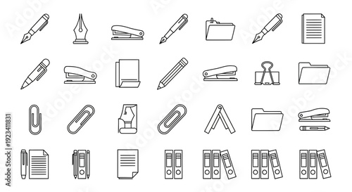 Black outline icons of various office supplies arranged in rows