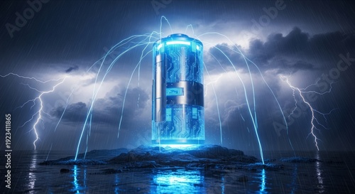 Futuristic energy source illuminated by lightning in dark ocean setting