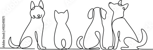 Minimalist single line drawing of five different pets sitting on a white background Keywords: dog, cat, pet, animal, outline