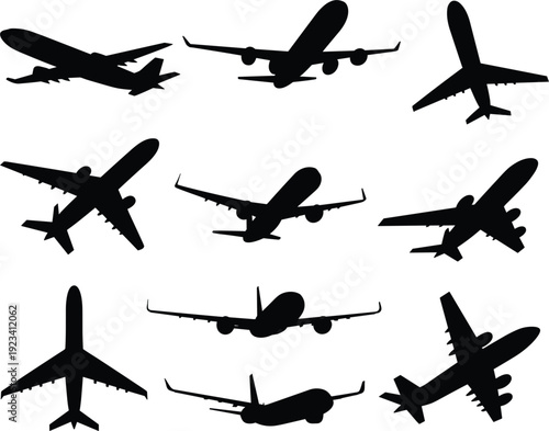 Nine black airplane silhouettes in various flying positions on a white background vector illustration