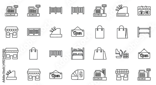 Grid of black outline icons related to retail commerce and pointofsale