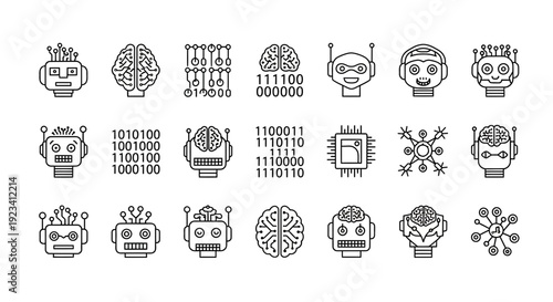 Line art icons representing robots brains binary code microchips and network nodes