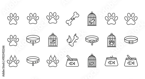 Three rows of black outline pet icons including paw prints collars bones cages and food bowls