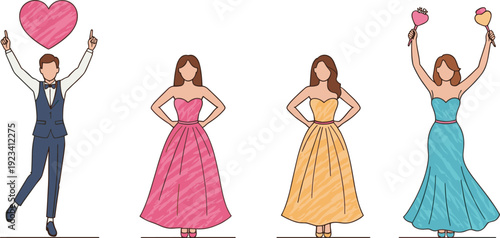 Celebration scene with formal outfits, dancing characters, colorful gowns, joyful poses, wedding or prom event vector illustration for festive design
