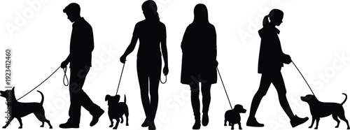 Silhouettes of four people walking dogs on leashes on a white background untitled