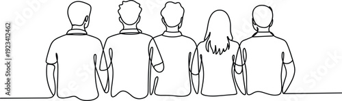 Single Line Drawing of Five People's Backs Facing Forward on White Background group back view
