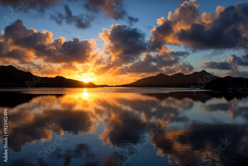 Golden sunset reflecting over water with mountain silhouettes