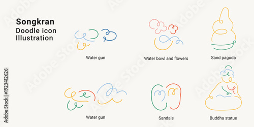 Minimalist hand-drawn doodle line art of Songkran festival icons like water gun and Buddha statue for Thai New Year celebration and summer holiday vector graphic elements.