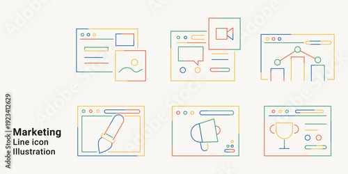 Marketing line icon set with digital marketing, strategy, social media, video content and advertising symbols. Vector illustration collection colorful gradient outline style.