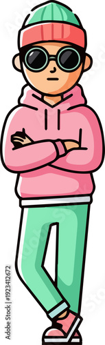 A cartoon character standing confidently with arms crossed wearing casual clothing and accessories