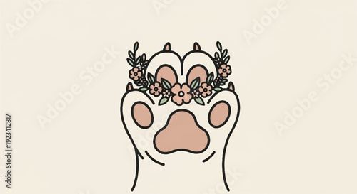 Adorable cartoon bear paw with floral crown on beige background symbolizing peace and harmony with nature cute illustration for various design uses