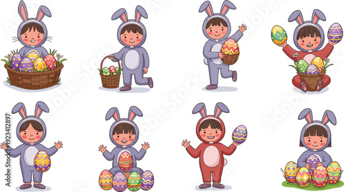 Children dressed as Easter bunnies, collecting colorful Easter eggs, Easter celebration, springtime fun, and festive holiday illustration.