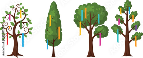 Colorful decorative trees with hanging ribbons, festive celebration tree illustration, spring nature design, eco friendly holiday decoration vector art
