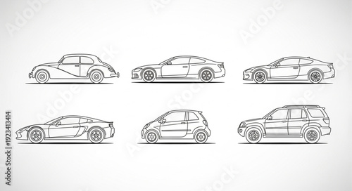 Six detailed line art drawings of various car models on a white background.