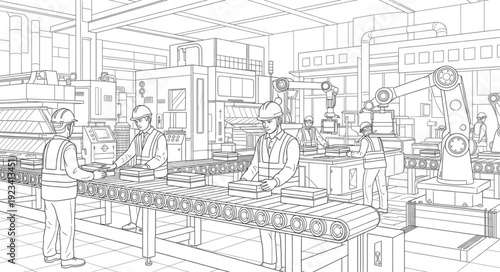 Detailed industrial factory interior with machinery and equipment, a complex production environment.