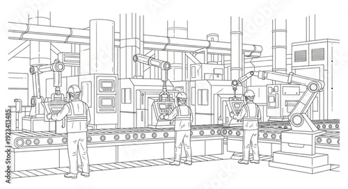 Workers in a factory setting, engaged in industrial processes, working together.