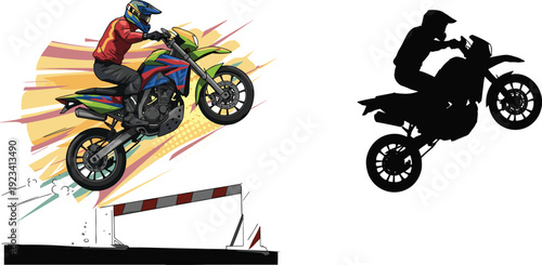 Colorful motocross rider jumping motorcycle over obstacle with dynamic action background and silhouette version, extreme sport stunt vector illustration design.