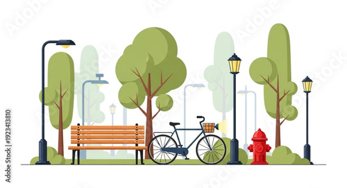 Park scene featuring a bicycle, bench, trees, and a fire hydrant, all in a serene setting.