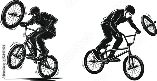 Creative black and white vector illustration of two BMX riders performing extreme freestyle stunts with bikes in action movement style.