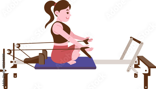 Pilates Reformer Exercise Illustration, Rowing Arm Pull Pose