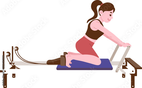 Pilates Reformer Fitness Illustration, Kneeling Arm Push