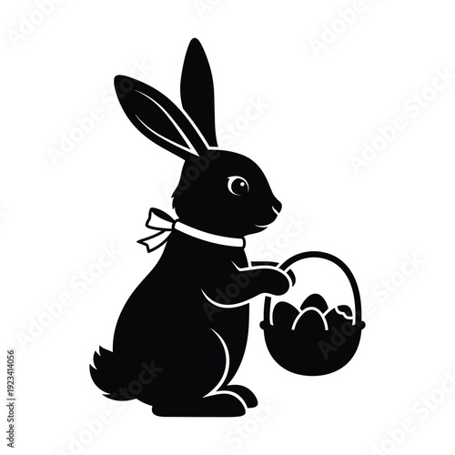 Adorable Easter bunny holding basket of eggs on white