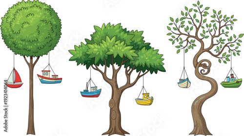 Creative illustration of trees with hanging boats, fantasy nature concept, nautical art design, imaginative landscape vector, surreal environment decoration, unique creativity