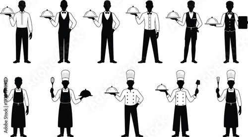 Professional Restaurant Staff Silhouette Set Featuring Chefs Waiters And Servers Holding Food Trays And Kitchen Utensils For Catering Hospitality Dining Service And