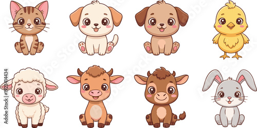 Cute Baby Farm Animals Vector Set – Cartoon Kitten, Puppy, Chick, Lamb, Calf, Goat, Bunny for Kids, Pets, Education